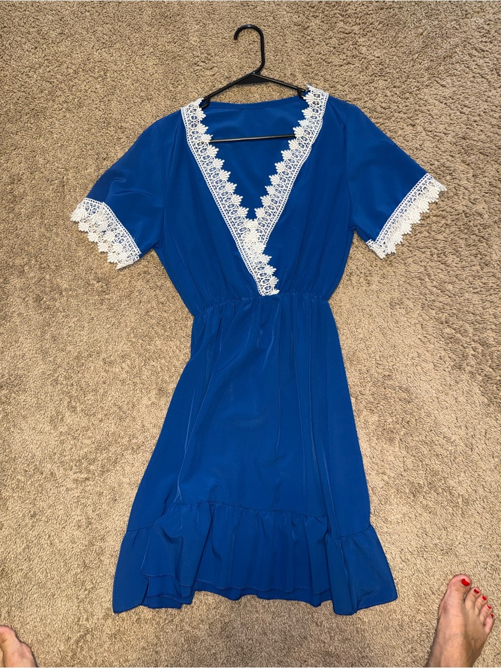 Blue Lace-Trim V-Neck Women's Dress